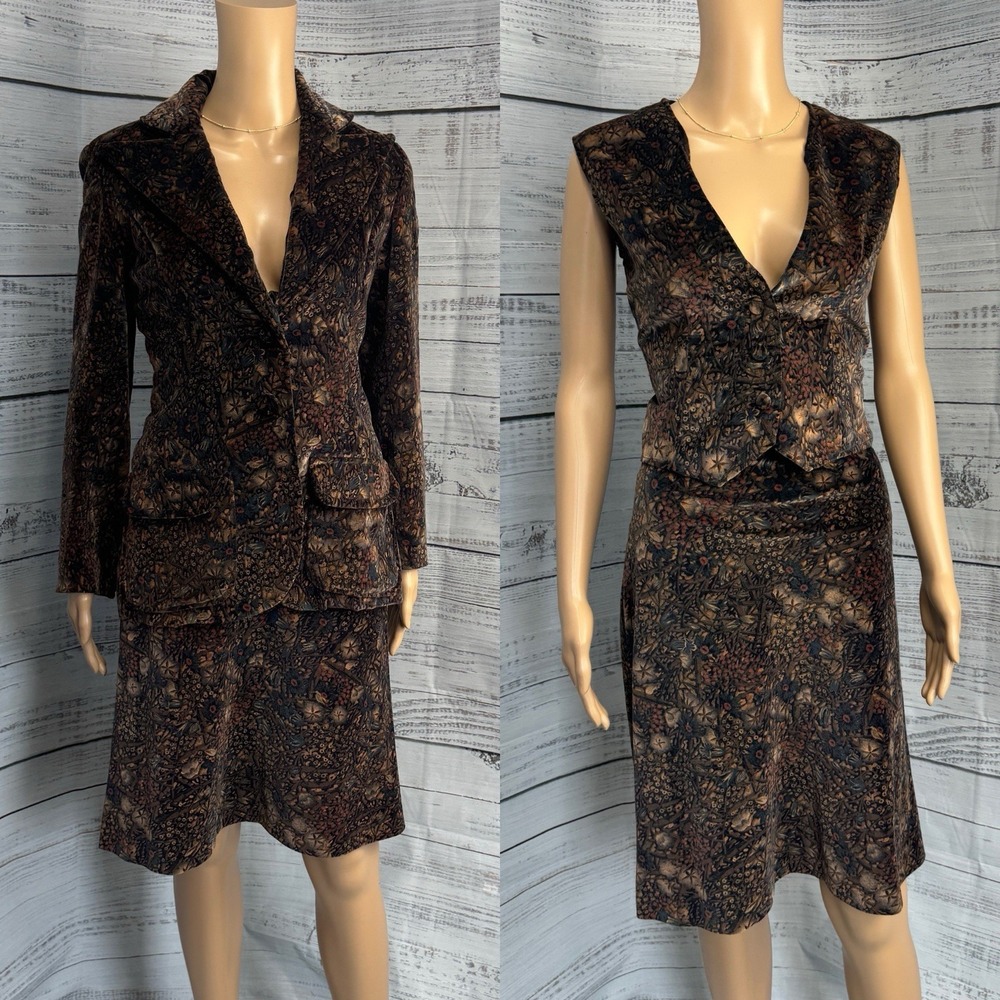 Vintage 1970s Patty Woodard Velvet 3-Piece Suit Blazer, Vest & Skirt Set Size Sm